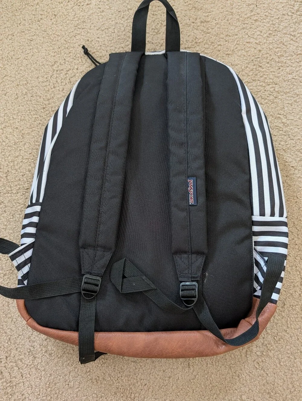 Jansport Black and White Striped Backpack with Brown Accent